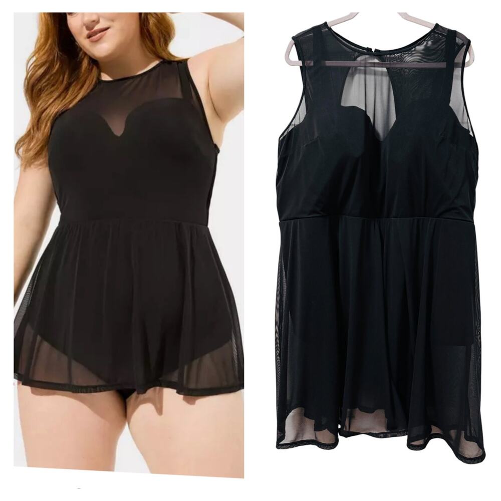 Torrid 2 Bra Cup DD/F Black Underwire‎ Long Mesh Overlay Swim Dress w/Briefs New